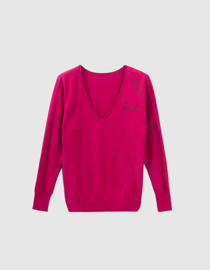 Pull rose en tricot à décor rock strass Femme-5