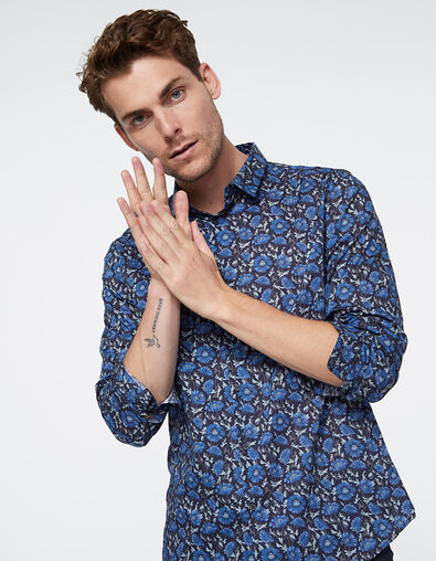 Camisa SLIM azul oscuro tela Liberty con motivo floral Hombre - IKKS
