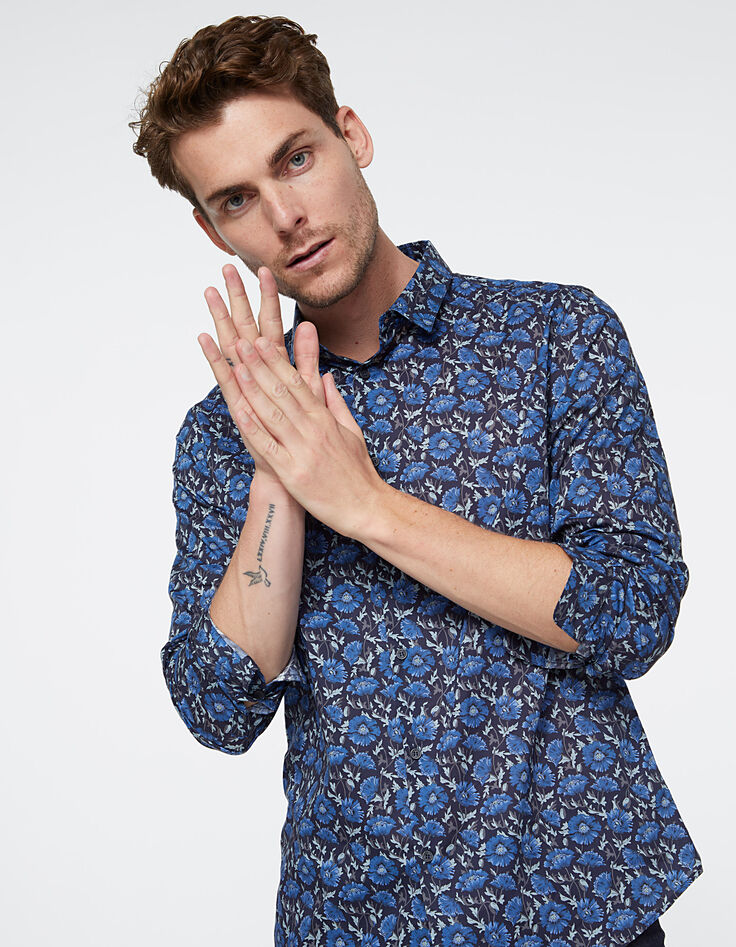 Camisa SLIM azul oscuro tela Liberty con motivo floral Hombre-1