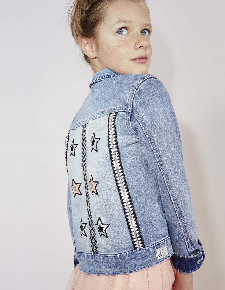Veste en jean blue bleach à broderies pour fille-1