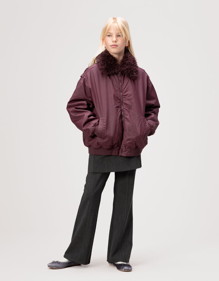 Girls’ burgundy jacket with detachable fur-lined collar-2