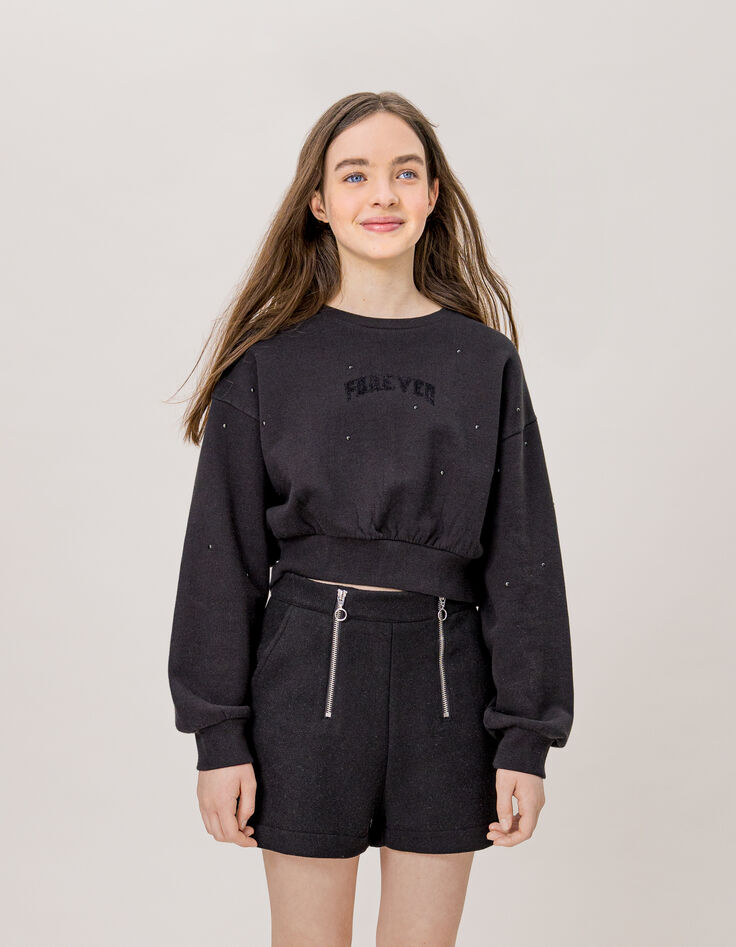 Pantalón corto de lana negro con cremallera para niña-1
