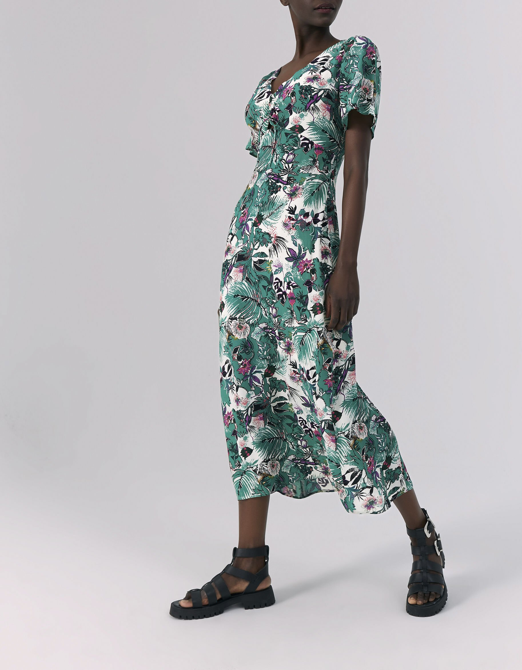 Women s green plant print long dress