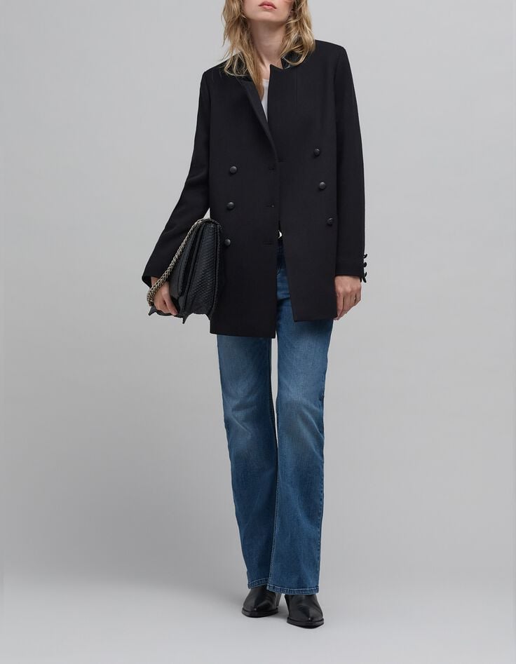 Women's black pea jacket with closed tailoring collar-11