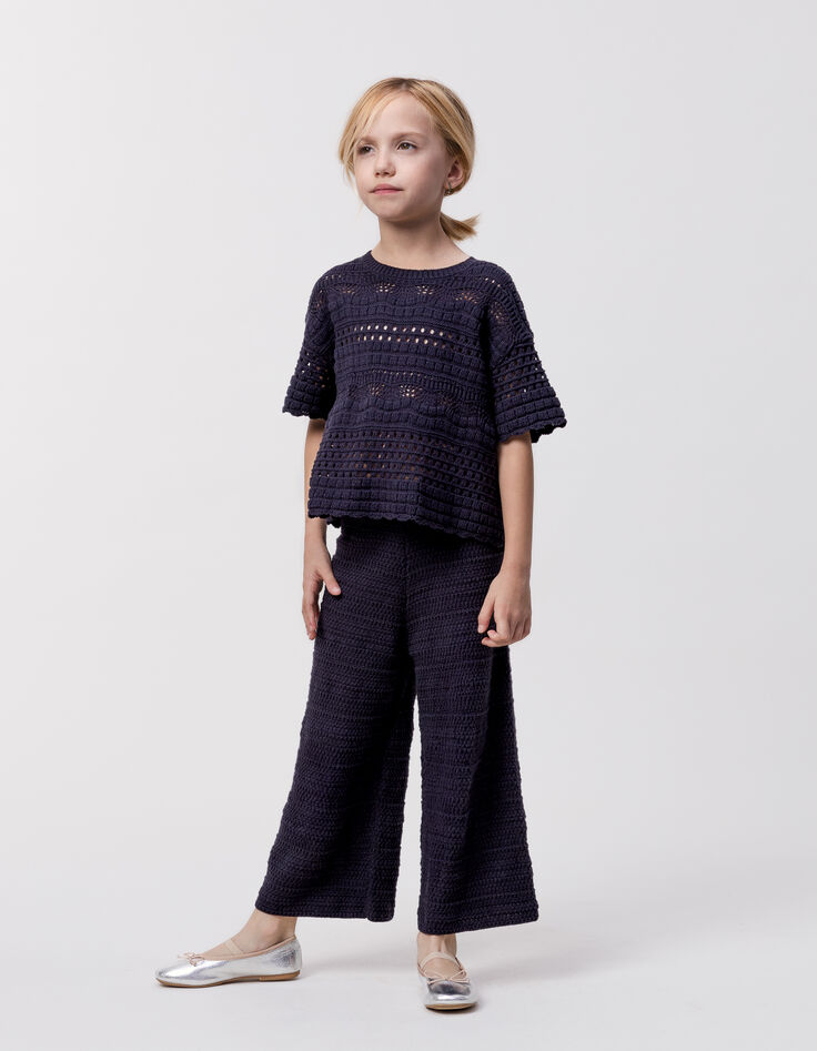 Pull marine tricot fantaisie ajouré fille-1