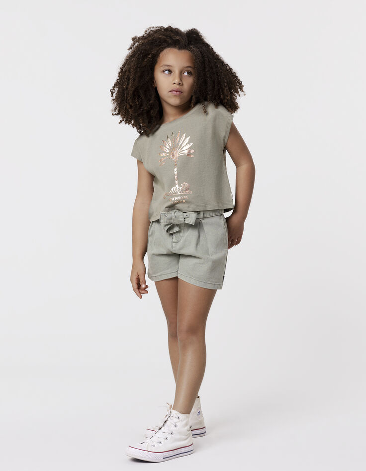 Short en jean kaki ceinture clous et oeillets fille-1