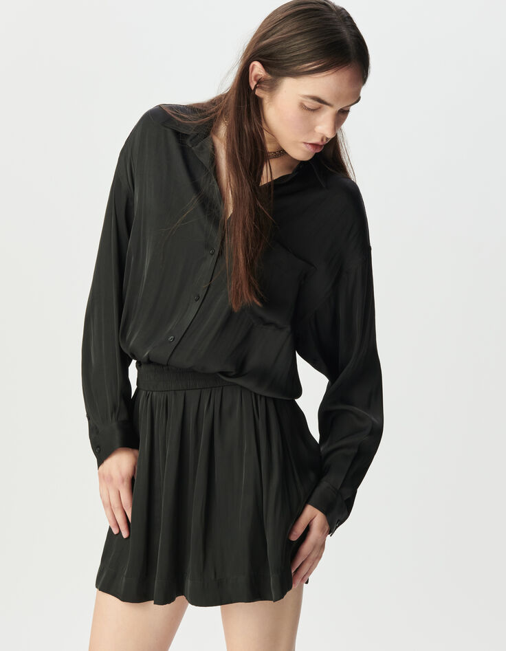 Vestido camisero negro satinado trampantojo mujer-3