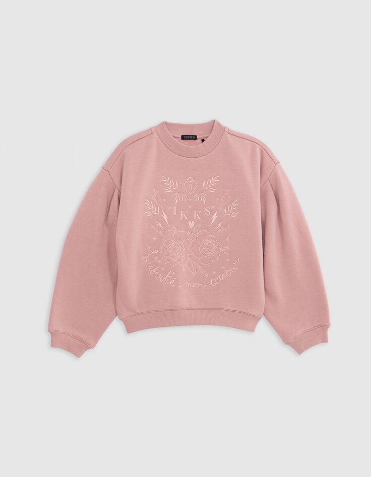 Pink sweatshirt with tone-on-tone embroidery for girls-1
