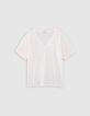 Tee-shirt blanc bijou col et manche Femme-3