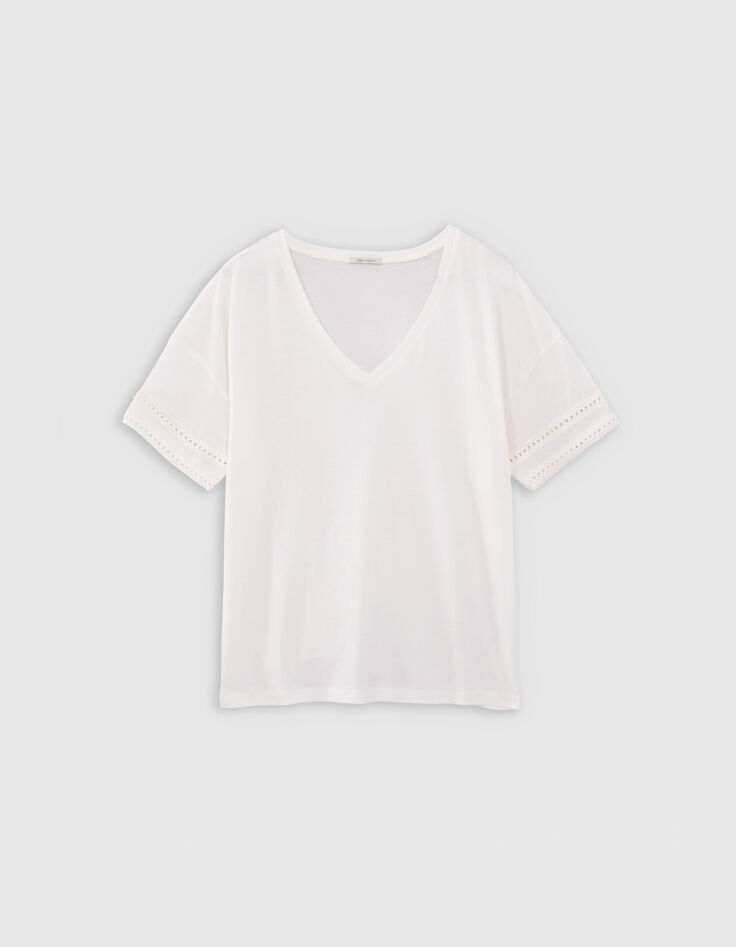 Tee-shirt blanc bijou col et manche Femme-3