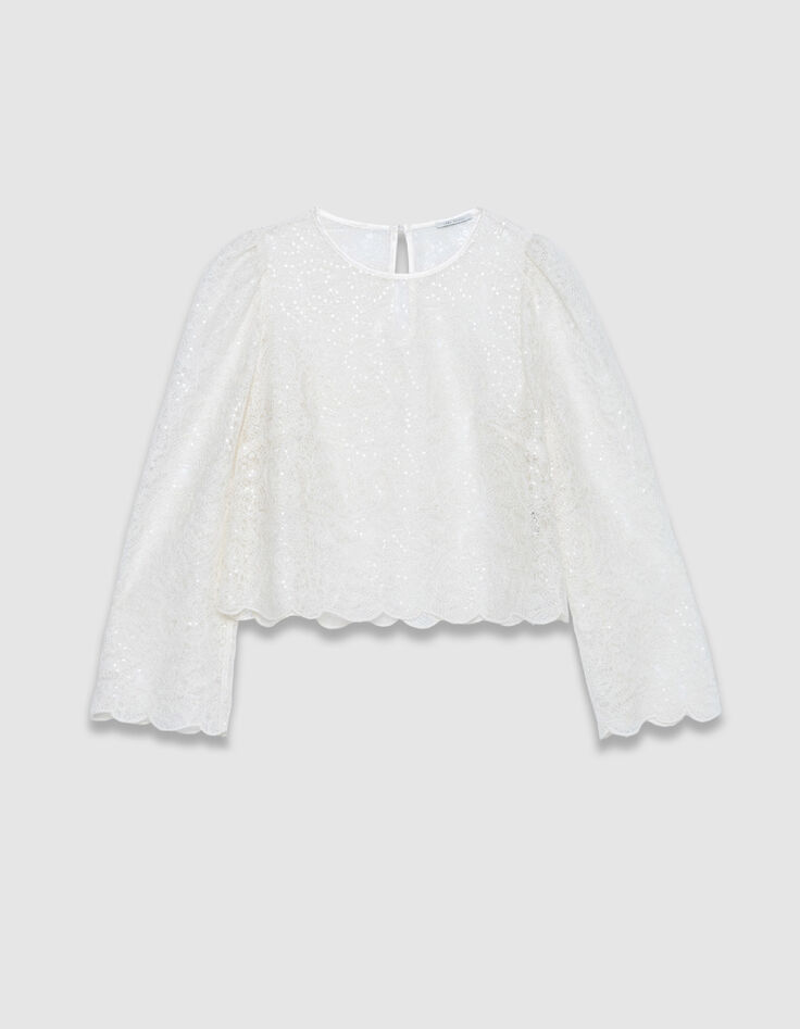 Mujer blusa corta de puntilla blanca-8