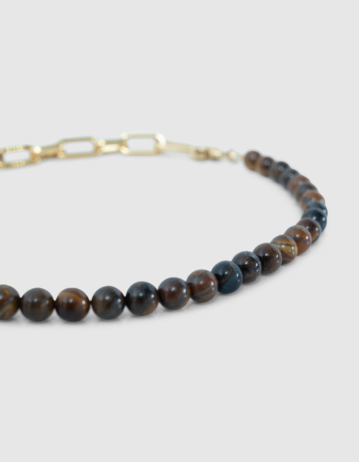 Collier marron oeil de tigre et maille trombone Femme-4