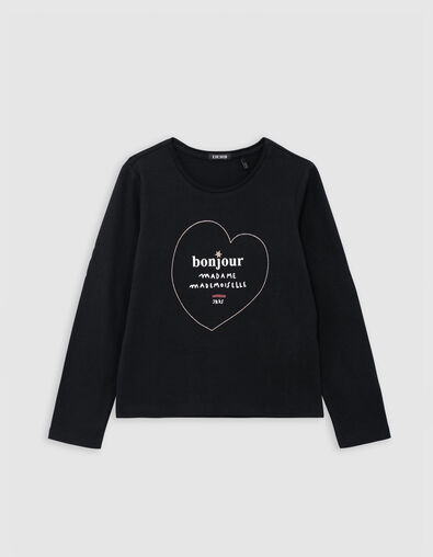 Camiseta negra algodón corazón dorado y mensaje niña - IKKS