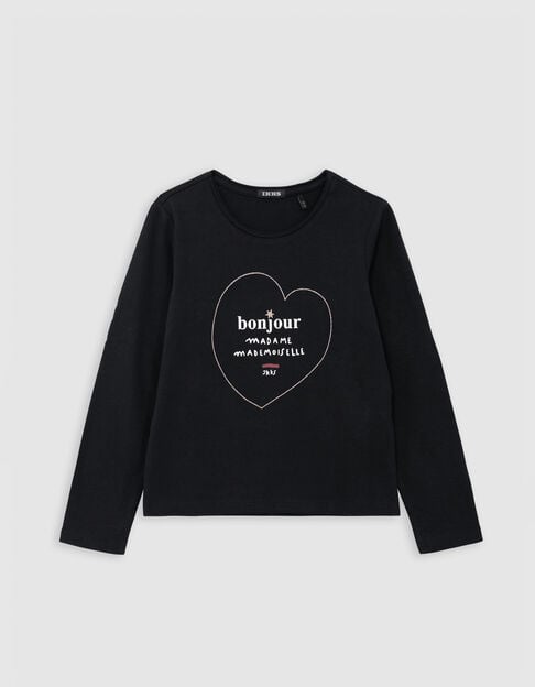 Camiseta negra algodón corazón dorado y mensaje niña - IKKS