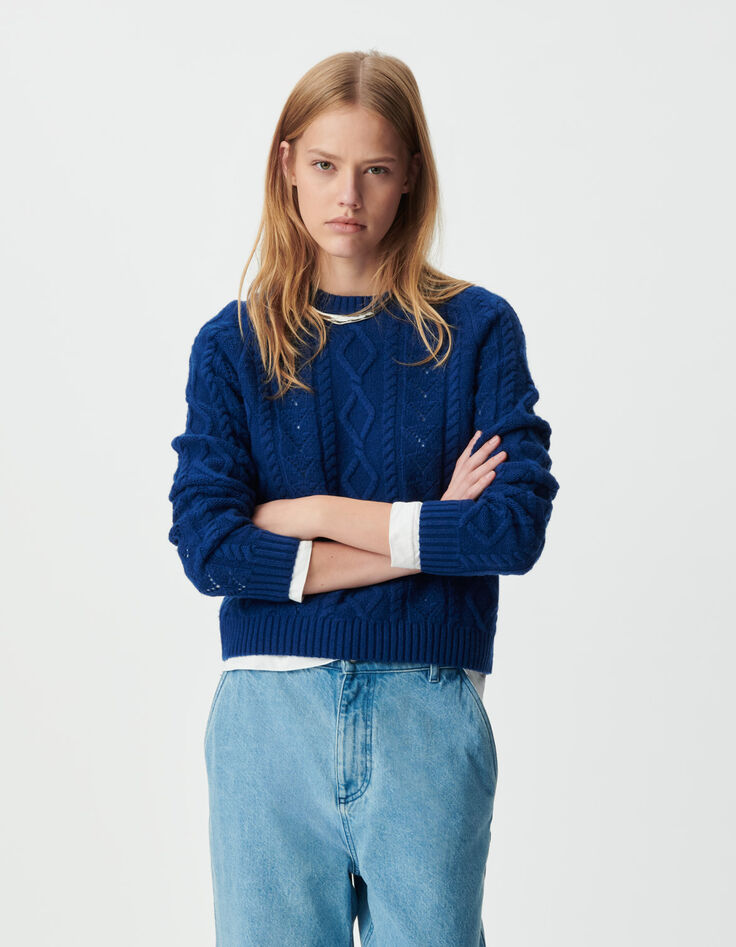 Blauer Damen-Kurzstrickpulli aus 100 % Wolle Punkte-4