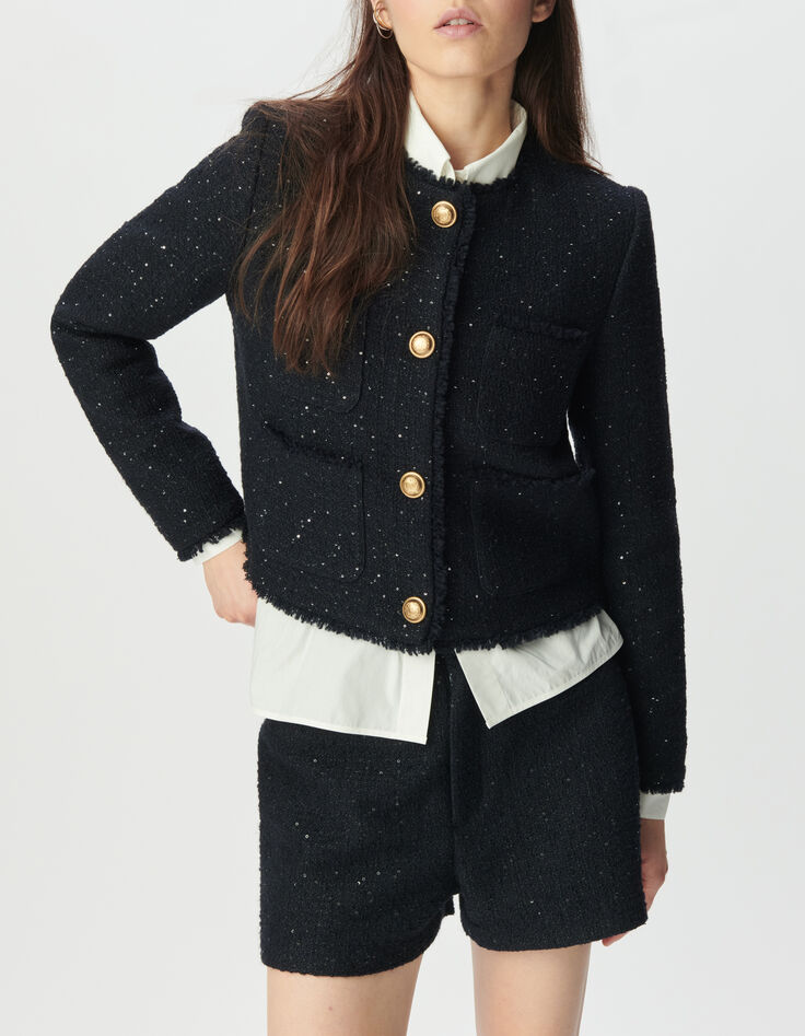 Marineblaue kurze Damenjacke Tweed-Effekt Paillettenstick-2
