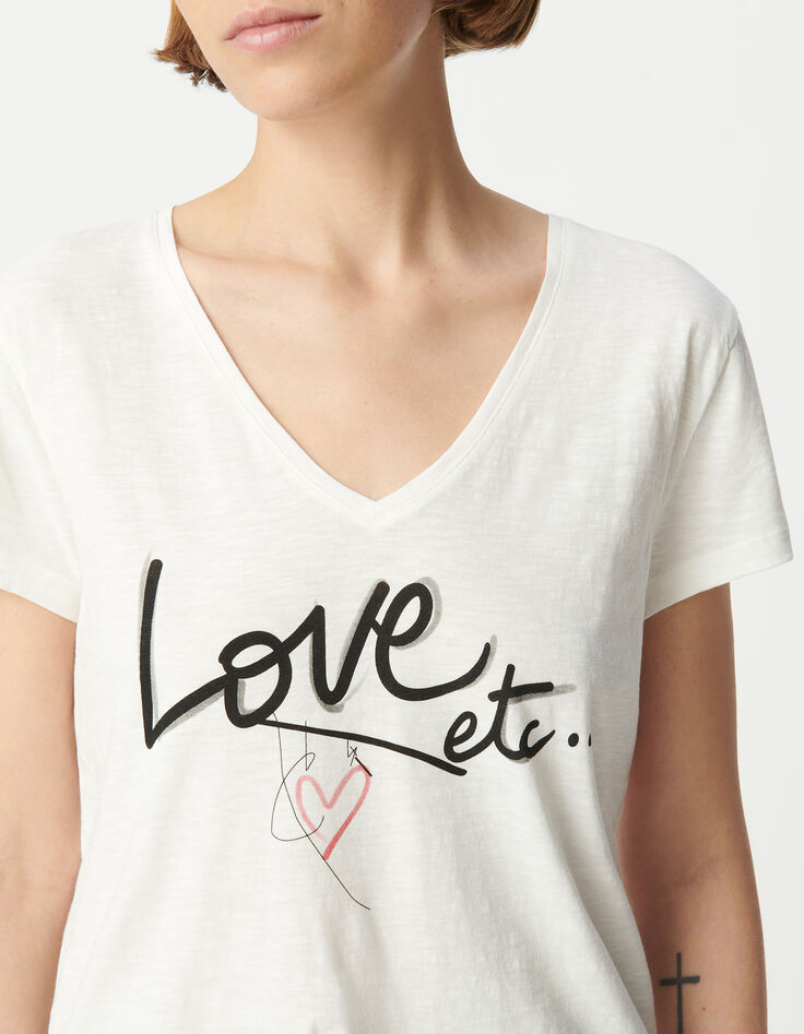 Tee-shirt col V blanc coton bio message Femme-4