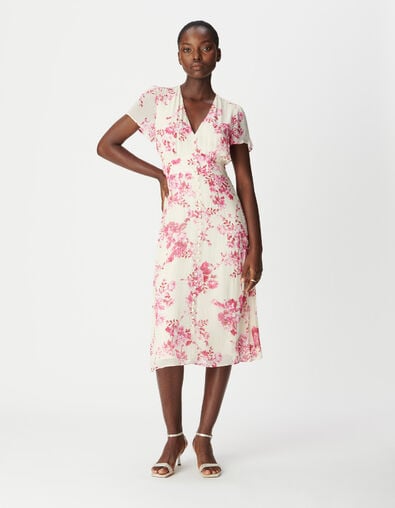 Robe midi &eacute;crue imprim&eacute; fleurs roses Femme - IKKS