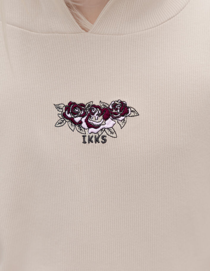 Girls' beige ribbed hooded T-shirt with rose embroidery IKKS