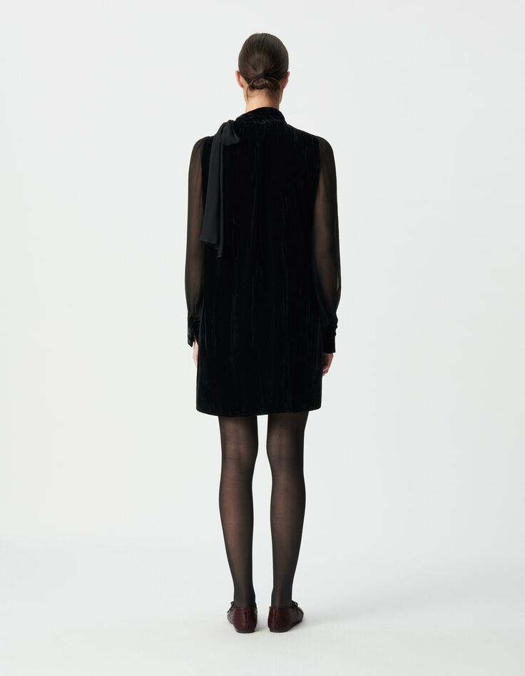 Robe bi-matière noire velours froissé et voile Femme-3