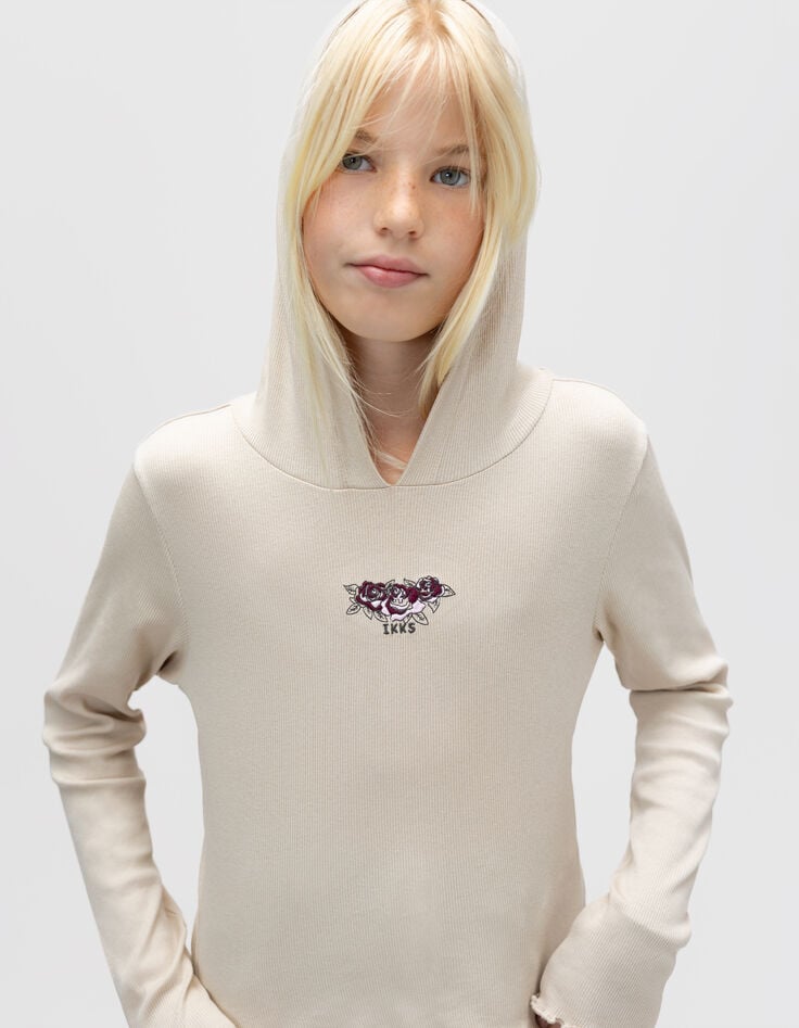 T-shirt à capuche beige côtelé broderie roses fille-2 T-shirt à capuche beige côtelé broderie roses fille-2