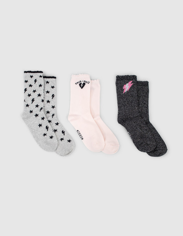 Calcetines gris jaspeado y rosa rock niña-2 Calcetines gris jaspeado y rosa rock niña-2