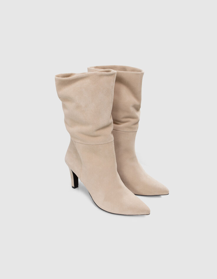 Boots à talon craie cuir velours à revers Femme-5 Boots à talon craie cuir velours à revers Femme-5