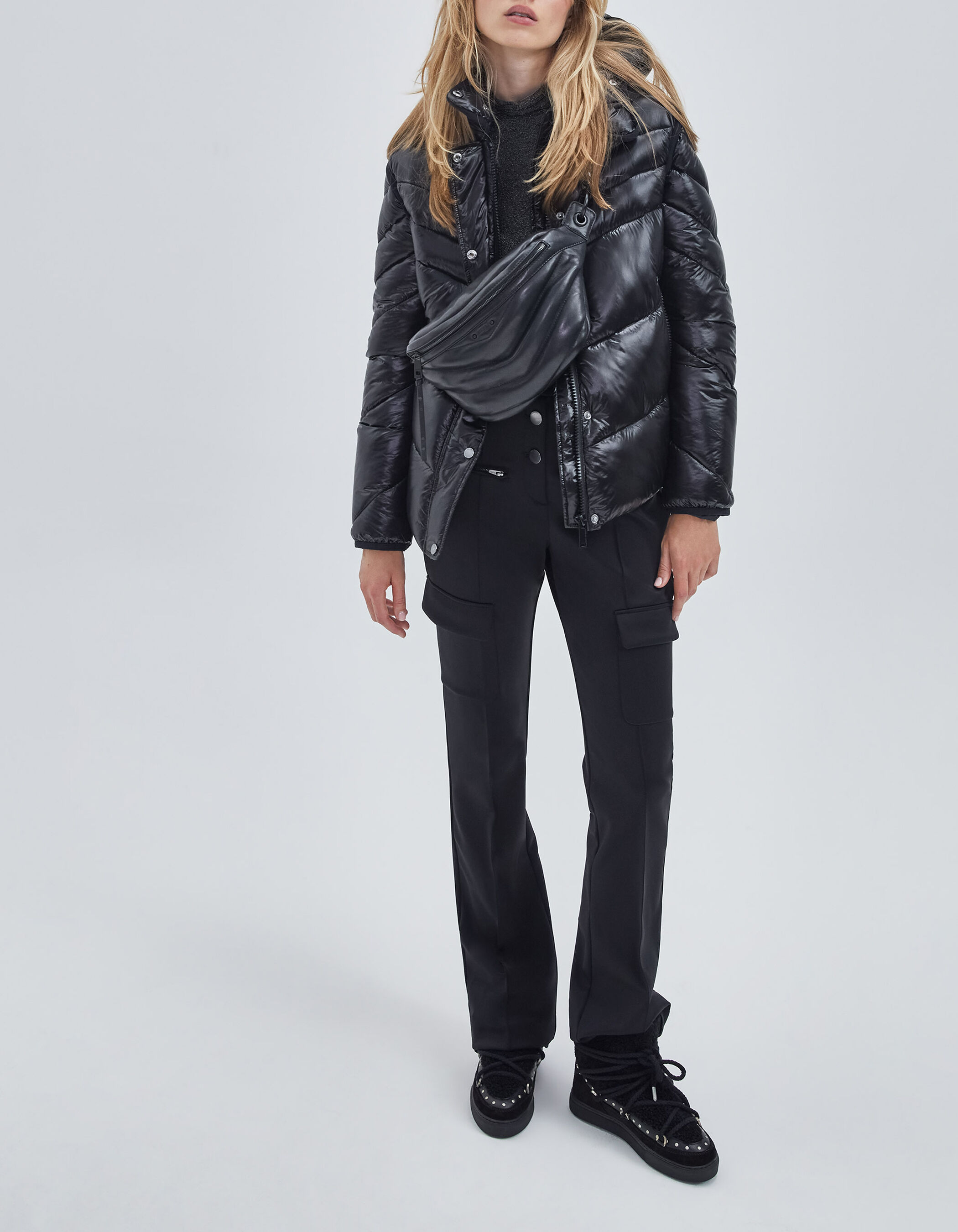 Women s shiny black roll neck T shirt
