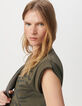 Tee-shirt col rond kaki broderies perles-5