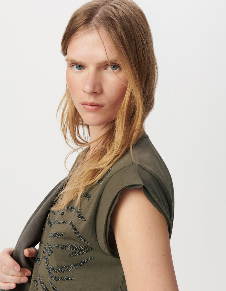Tee-shirt col rond kaki broderies perles-5 Tee-shirt col rond kaki broderies perles-5