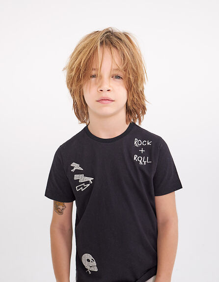 T-shirt noir bio à broderies rock garçon 
