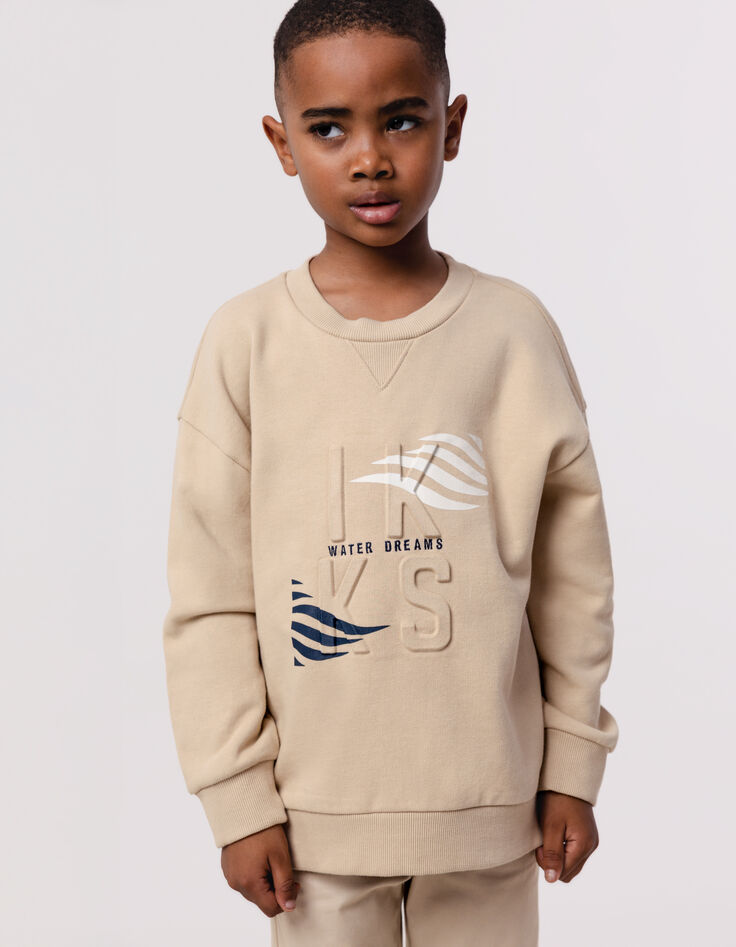 Sweat beige logo embossé et motifs rayures garçon-2