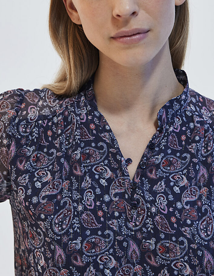 Kurzärmeliges Damenvoiletop mit Metallic-Paisley-Print-5