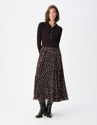 Lange damesrok met hoge taille en bruine stippenprint