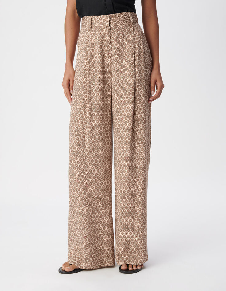 Pantalon large beige motif g&eacute;om&eacute;trique Femme-2