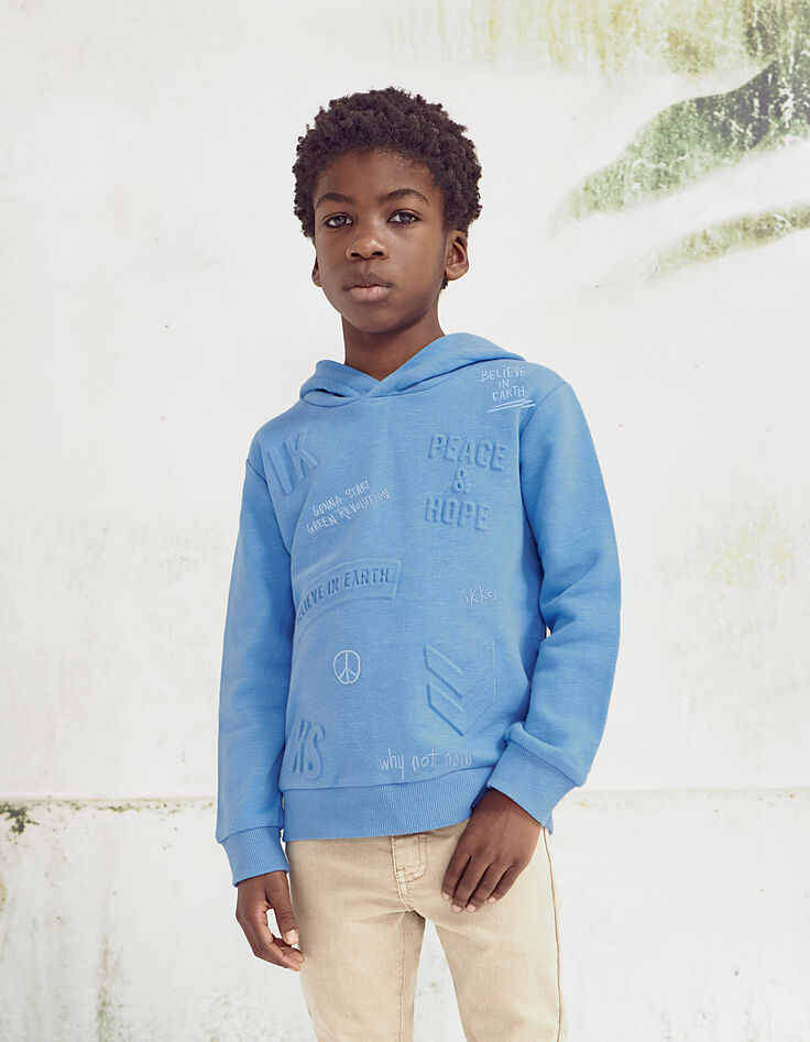 Boys’ medium blue hoodie with embossed slogans-1