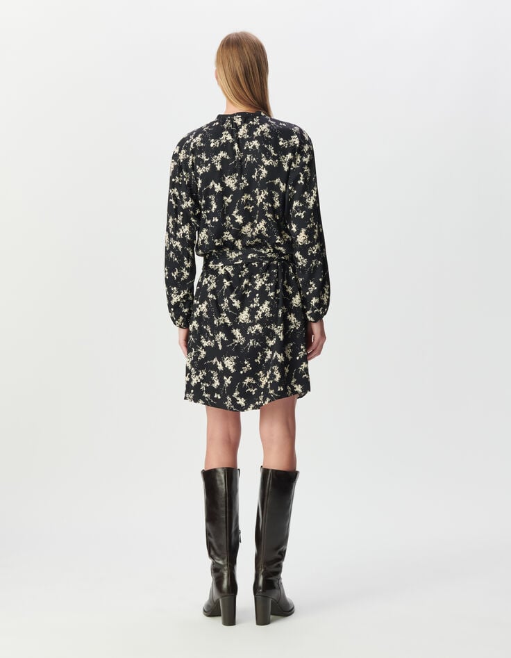 Robe noire imprimé fleurs sauvages ceinture amovible Femme-2 Robe noire imprimé fleurs sauvages ceinture amovible Femme-2