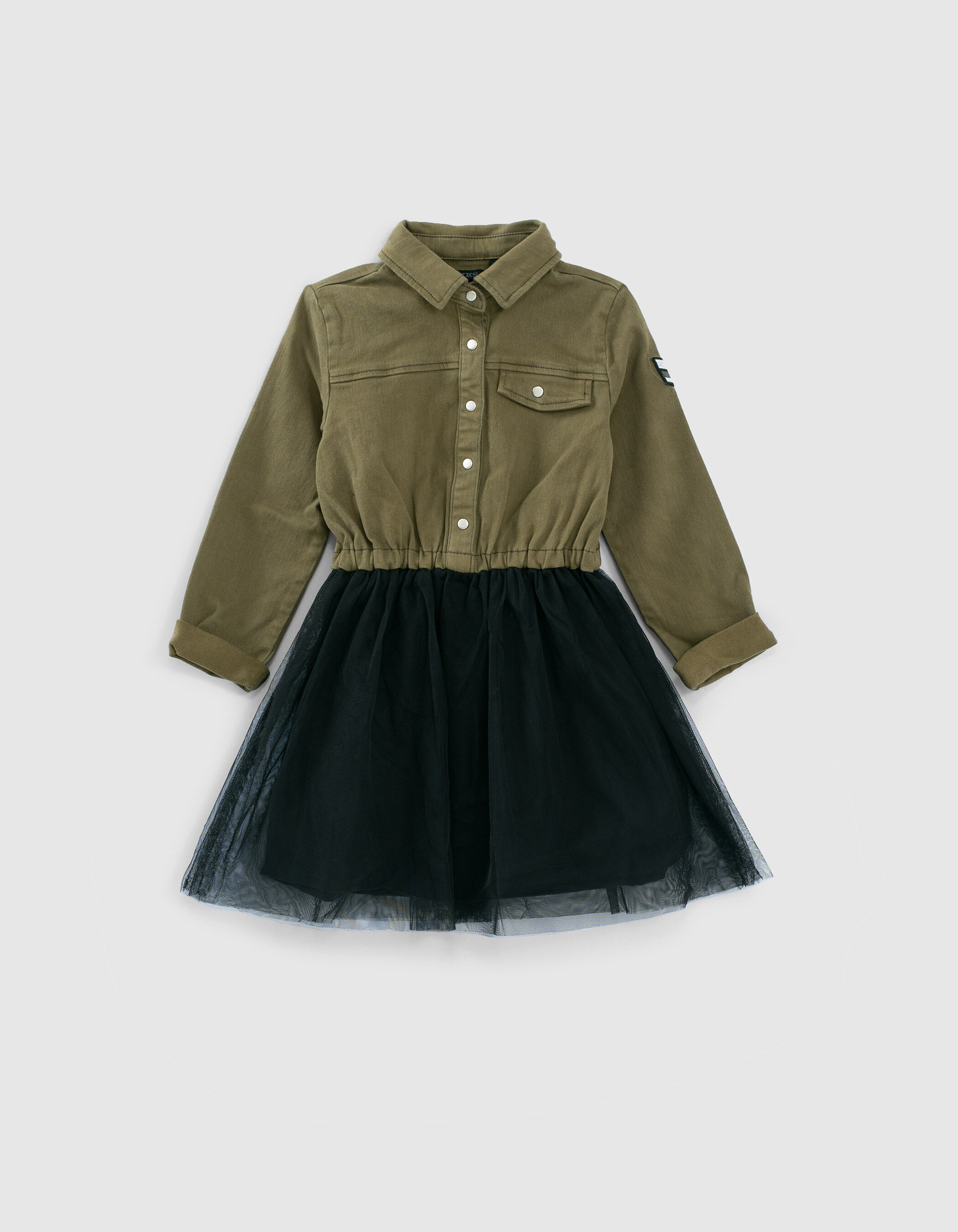 Girls dark khaki mixed fabric dress with black tulle