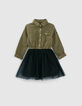Girls&rsquo; dark khaki mixed-fabric dress with black tulle-3