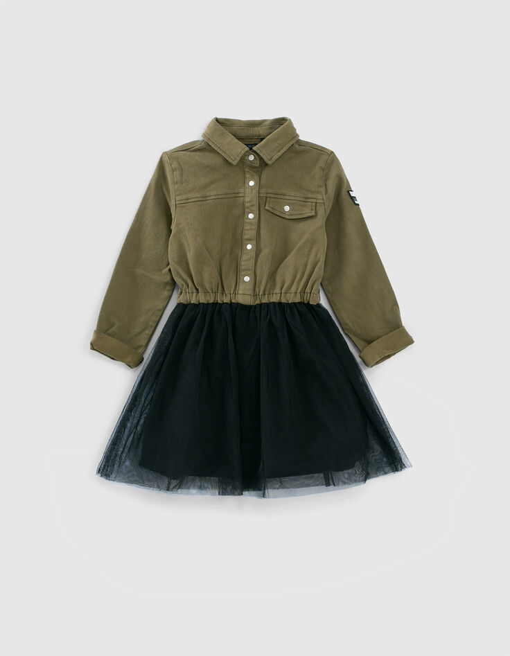 Girls&rsquo; dark khaki mixed-fabric dress with black tulle-3