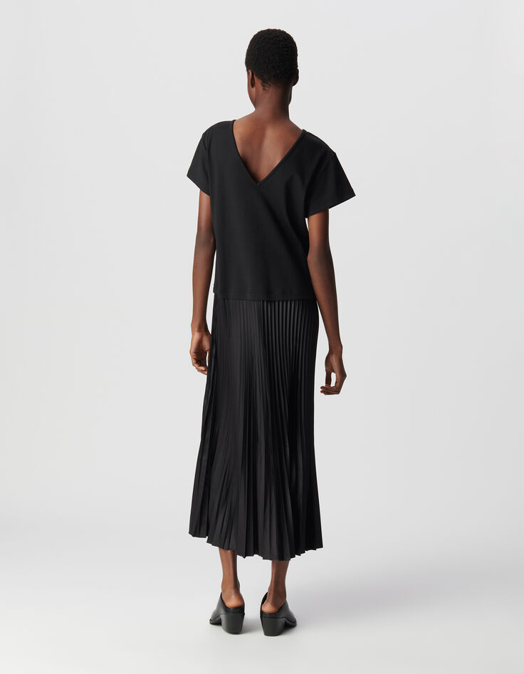 Robe longue noire bi-matière plissée Femme-3