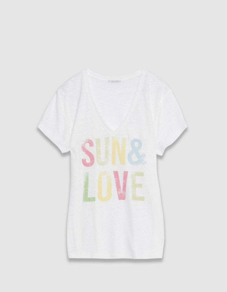 Dames-T-shirt met witte V-hals en gekleurde boodschap-5