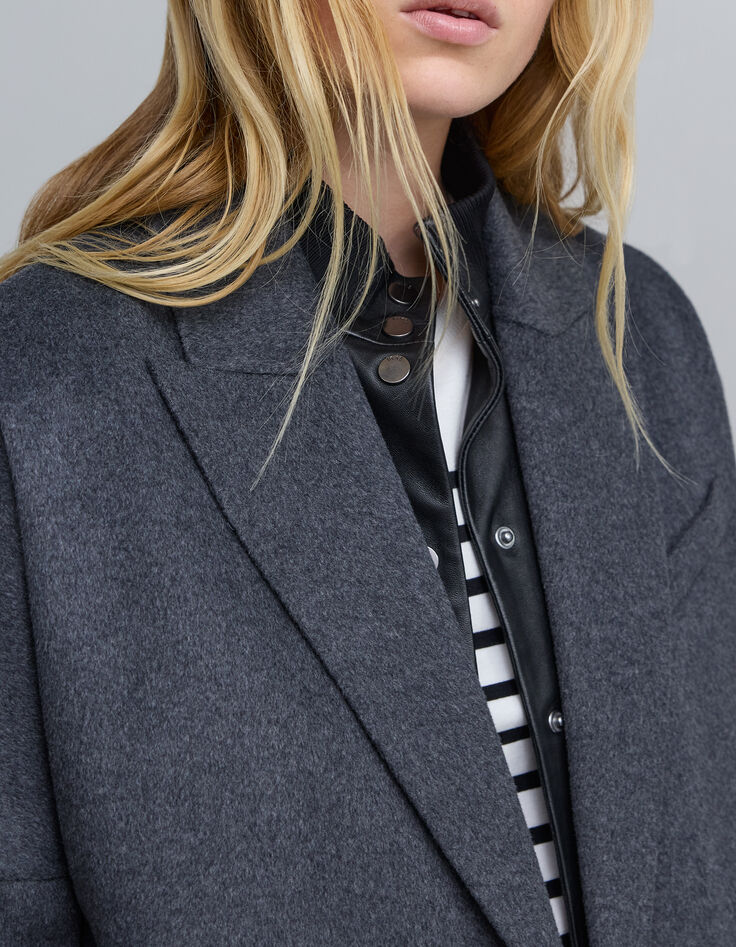 Lange grijze jas met dubbele rij knopen voor dames-5