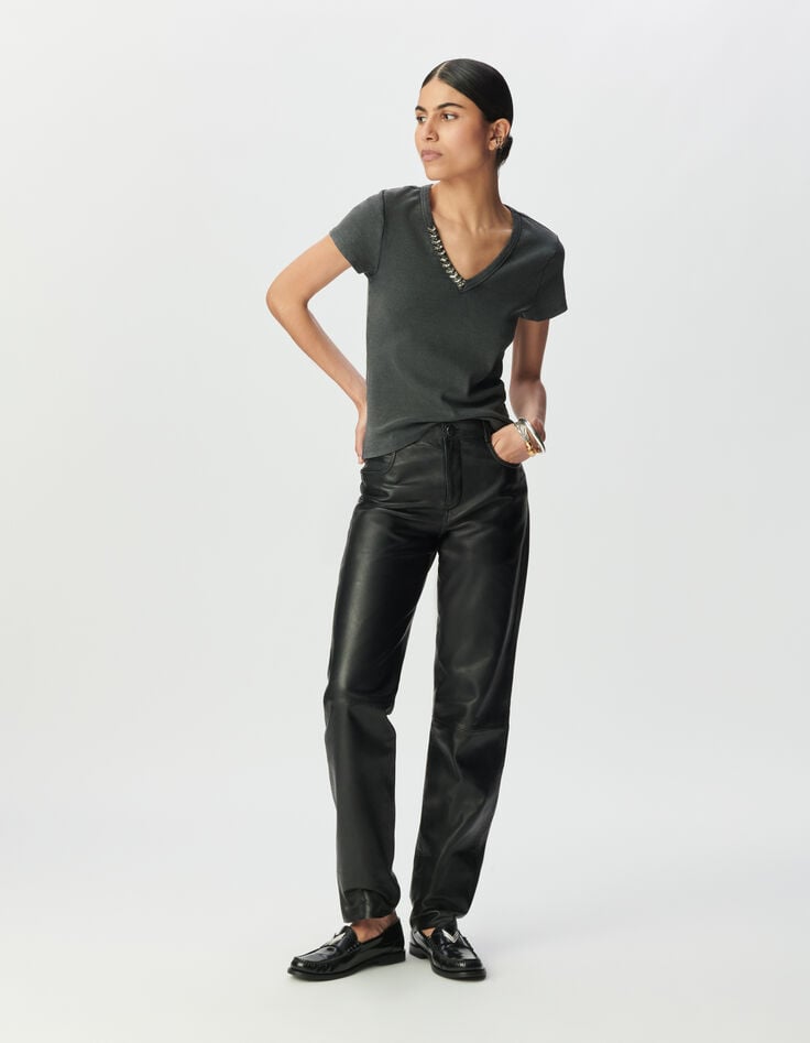 Camiseta manga corta gris acanalada escote joya mujer-2 Camiseta manga corta gris acanalada escote joya mujer-2