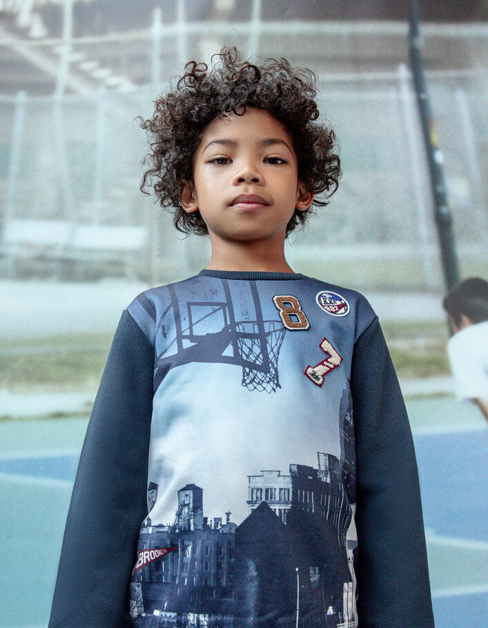 Boys’ navy sweatshirt with buildings and badges image-1