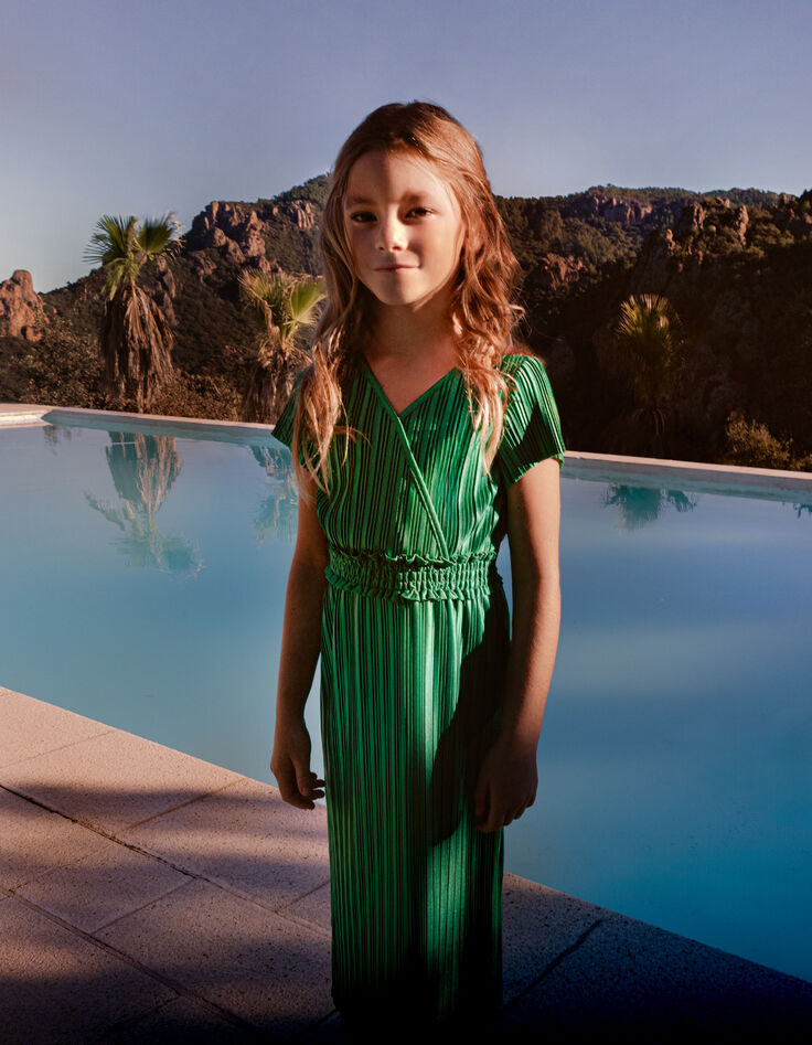 Vestido largo verde plisado niña-9
