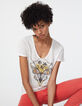 Tee-shirt en lin blanc visuel palmiers et papillon femme-1