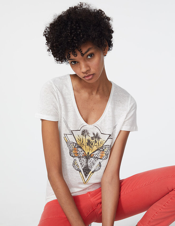 Tee-shirt en lin blanc visuel palmiers et papillon femme-1
