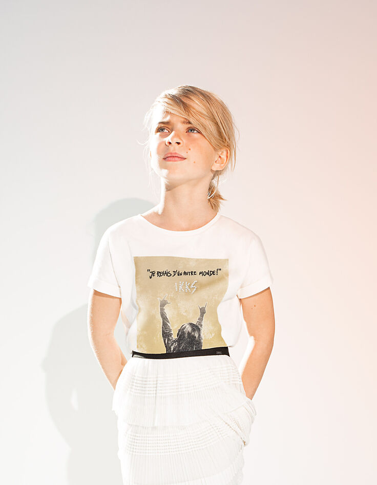Ecrufarbenes Mädchen-Bio-T-Shirt mit Glittermotiv-2 Ecrufarbenes Mädchen-Bio-T-Shirt mit Glittermotiv-2