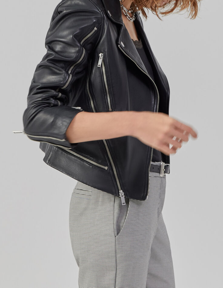 Veste en cuir noir esprit motard multi zips Femme-6